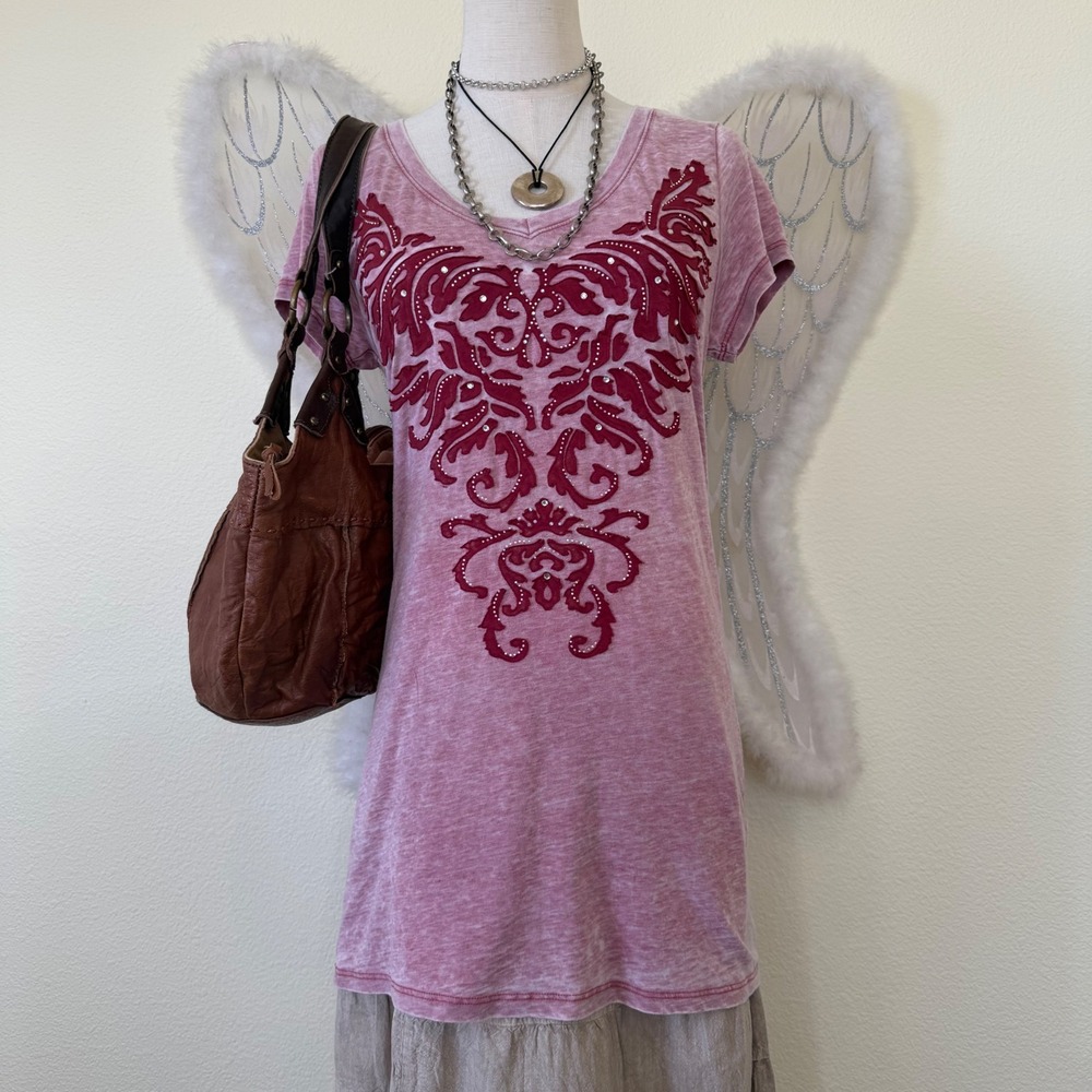 Earthy Hippie Burnout Graphic T Shirt Short Sleeve V Neck Rhinestone Embellished